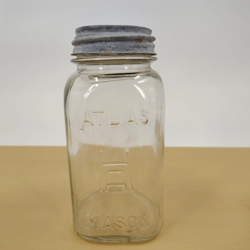 ATLAS String Mason Quart Clear Glass Canning Jar Square Jar Vintage Boyds Cap